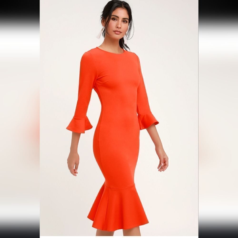 Lulus Creme de‎ la Creme Bright Orange Trumpet Hem Bodycon Midi Dress